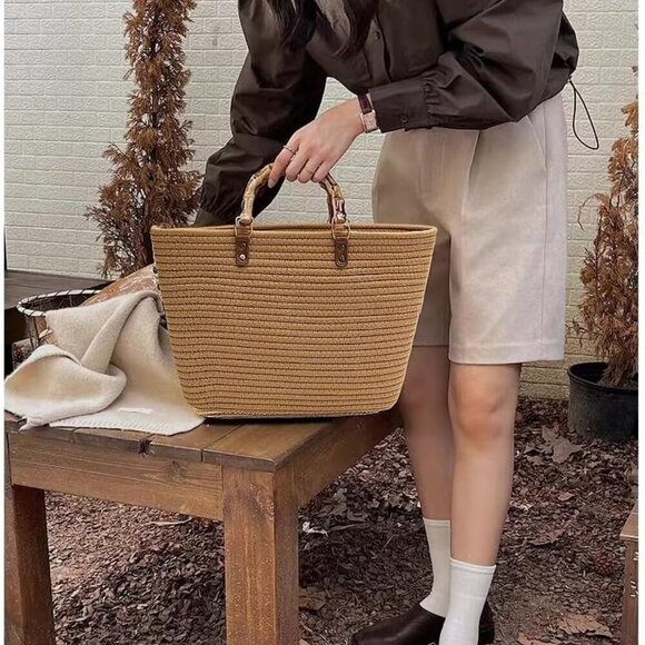 Women's Straw Tote Bag Cotton Large Capacity Woven Handbag Shoulder Bag - Picture 2 of 7